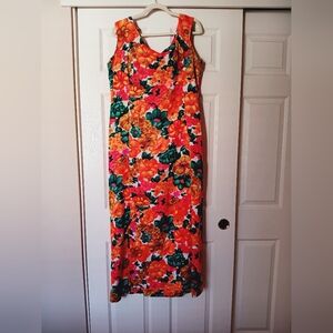 Vintage 70s Hawaiian Floral Bark Cloth Dress XL Lightweight Sleeveless